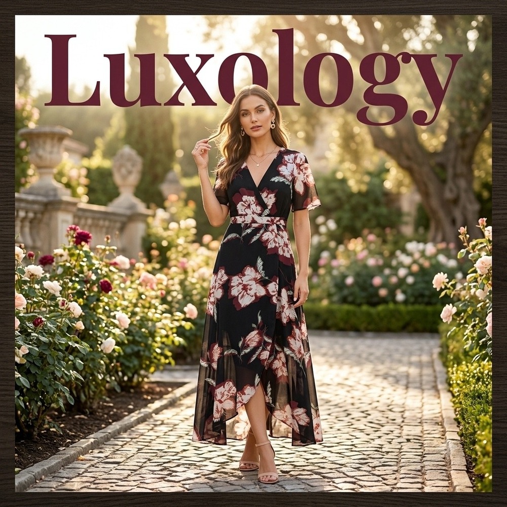 Luxology Women Black Floral Wrap Maxi Dress Flutter Sleeve High Low Hem Wedding